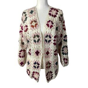 Vintage Handmade Granny Square Crochet Open Cardigan Sweater Women L?